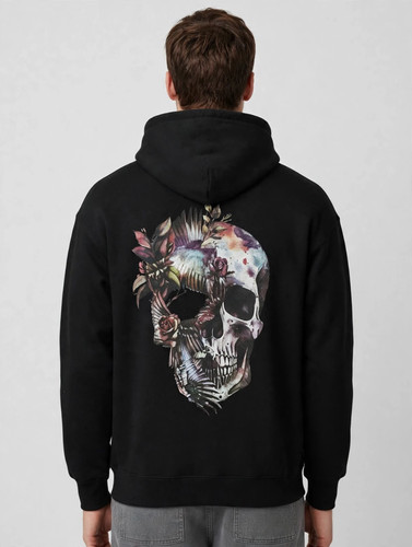 Mens black floral skull hoodie - black,